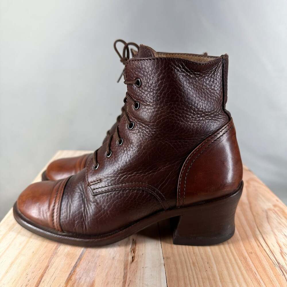 Vintage Vero Cuoio Brown Pebbled Leather Cap Toe Block Heel Boots Size 4.5 - Picture 4 of 11